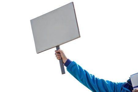 Close-up of a hand holding a blank white sign, ideal for adding text or designs. The arm is wearing a blue jacket.の写真素材