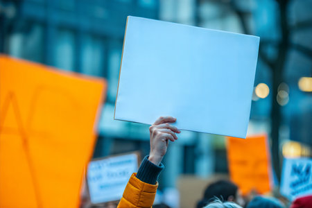 A hand holds up a blank white sign at a protest or demonstration.  The background is blurry but shows other signs and people.の写真素材
