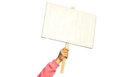 Close-up of a hand holding a blank wooden sign, isolated on black background.  Perfect for adding your own message.の写真素材