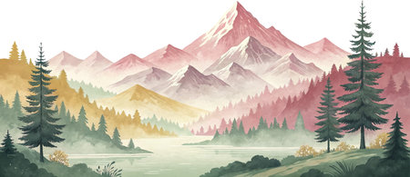 Watercolor landscape painting of a serene lake nestled in a misty mountain valley, with lush evergreen forests and majestic peaks.のイラスト素材
