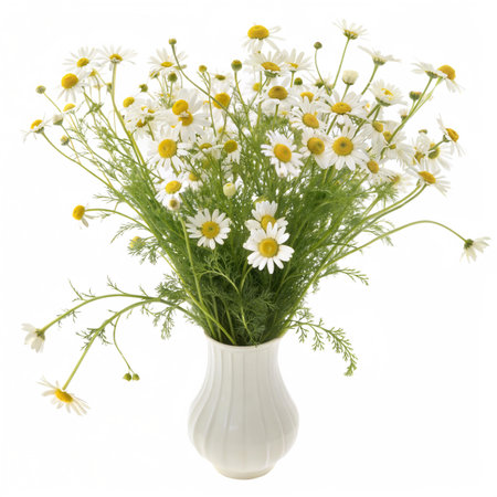 A vibrant bouquet of daisies in a white vase against a colorful background.の写真素材