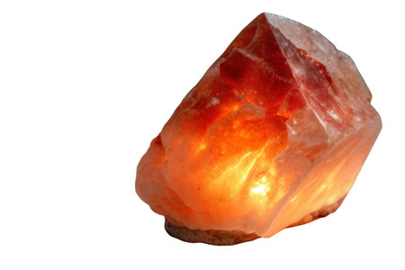 A Himalayan pink salt lamp illuminates with a warm, amber glow, showcasing its natural crystal...