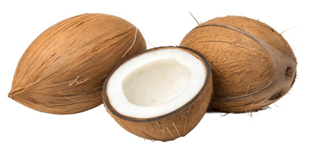 Two whole coconuts and one half of a coconut are shown. The coconuts are ripe and brown.の写真素材