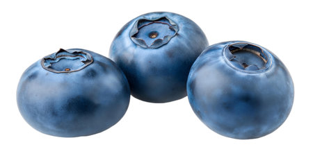 A detailed close-up shot of three ripe blueberries isolated on a black background.の写真素材