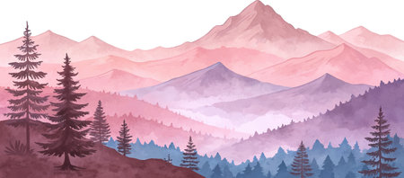 Watercolor landscape of pink and purple mountains, silhouetted trees, and a misty atmosphere.のイラスト素材