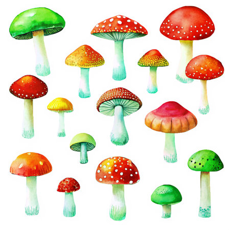 A vibrant collection of various mushrooms in watercolor style, showcasing a range of colors and shapes.の写真素材