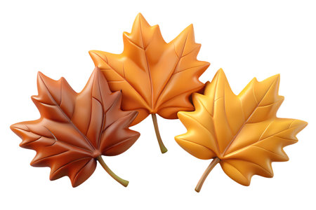 3D render of three maple leaves in autumn colors.  Perfect for fall themes.の写真素材
