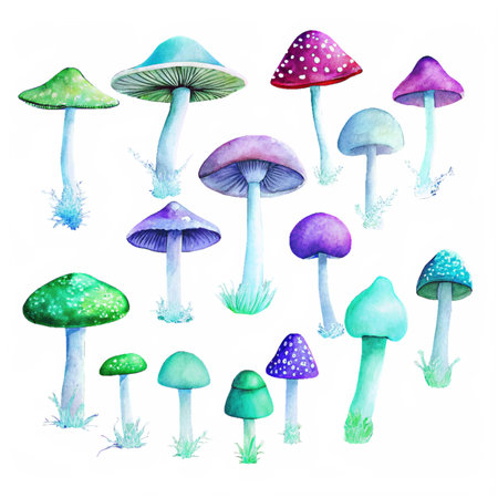 A whimsical collection of vibrant mushrooms in various colors and shapes, painted in watercolor.の写真素材