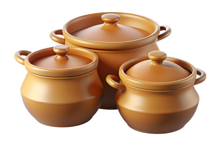 Three clay pots of different sizes with lids, isolated on black background.  Perfect for rustic kitchen or cooking themes.の写真素材
