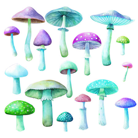 A vibrant watercolor illustration featuring a collection of various mushrooms in an array of colors and shapes.の写真素材