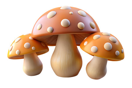 3D render of three cartoon orange mushrooms with white dots on a white background.の写真素材