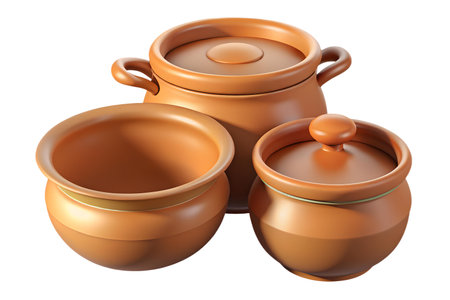 Three clay pots of varying sizes and shapes, with one having handles.  They are light brown and appear handmade.の写真素材