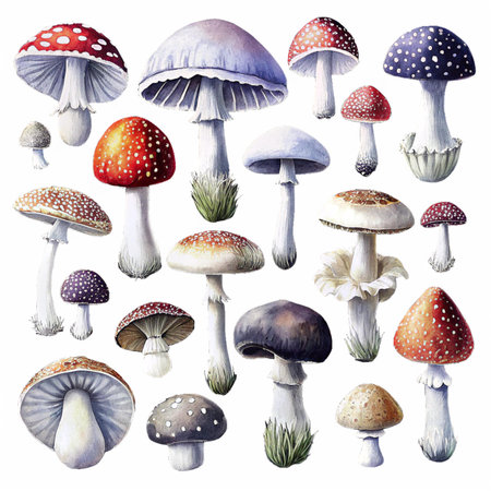 A beautiful collection of various mushroom species, painted in watercolor on a black background.  Great for nature, botany, or fall themes.の写真素材