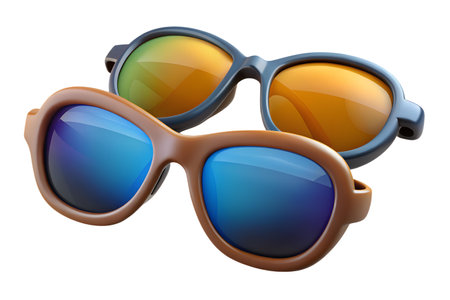 Two pairs of sunglasses with orange and blue lenses. 3D render.の写真素材