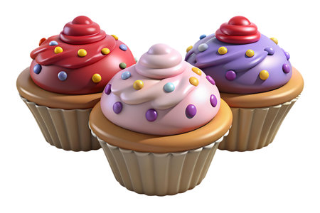 Three colorful cupcakes with swirl frosting and sprinkles.  Perfect for birthdays or celebrations.の写真素材