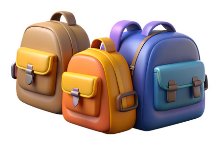 Three 3D renderings of colorful backpacks,  ideal for back to school or travel themes.の写真素材
