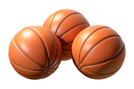 Three orange basketballs are grouped together on a white background. The image is well-lit and shows the texture of the balls.の写真素材