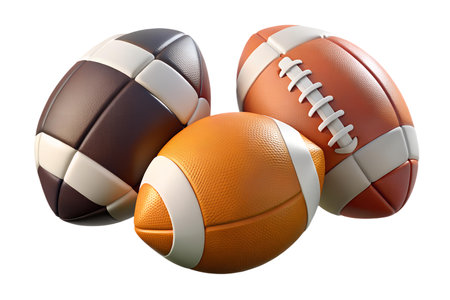 Three different colored American footballs are grouped together.  Close-up studio shot.の写真素材