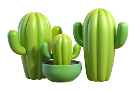 Three cartoon cacti of varying sizes, two standing and one in a pot.  Bright green and smooth.の写真素材