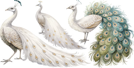 Watercolor painting of three peacocks, two white and one with a vibrant green train.のイラスト素材