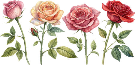 Watercolor painting of four roses in pink, peach, red, and coral with stems and leaves on a white background.のイラスト素材