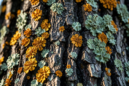 High resolution macro background featuring vibrant orange and green crustose lichen growing on deeply textured ancient oak bark.