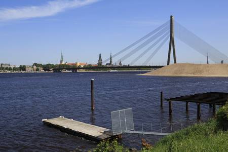 Vansu Tilts Riga bridge with famous landmarks and jettyの写真素材