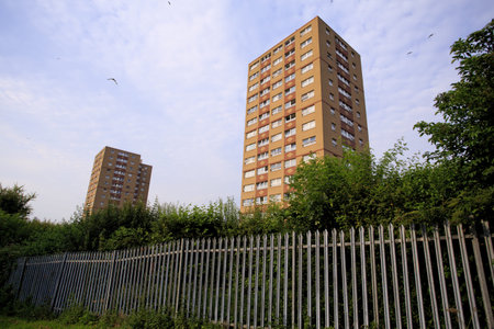 Two council tower blocks with Fence in Bristol UK