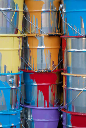 Colorful paint in cans for creativity and work の写真素材