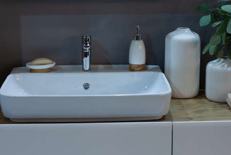 beautiful washstand with soap in a stylish bathroom at home or hotelの写真素材