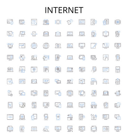 Internet outline icons collection. Net, Web, Online, WiFi, Webbing, Cyberspace, Networking vector illustration set. Bandwidth, Streaming, Email linear signsのイラスト素材