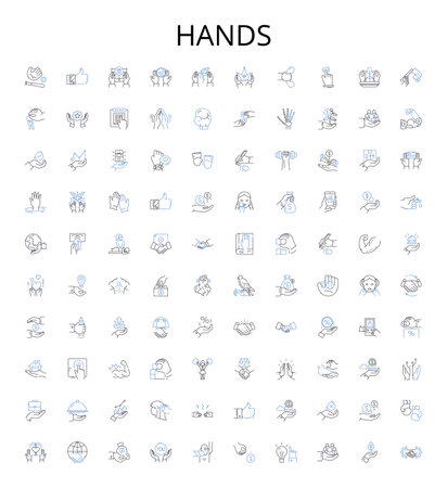 Hands outline icons collection. Grip, Grasp, Clench, Wring, Fist, Hold, Palm vector illustration set. Shake, Rub, Grasping linear signsのイラスト素材