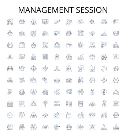 Illustration pour Management session outline icons collection. Manage, Workflow, Process, Efficiency, Productivity, Streamline, Automation vector illustration set. Plan, Strategic, System linear signs - image libre de droit