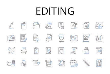 Editing line icons collection. Proofreading, Reviewing, Touch-up, Polishing, Revising, Refining, Correcting vector and linear illustration. Scrutinizing,Improving,Redrafting outline signs setのイラスト素材