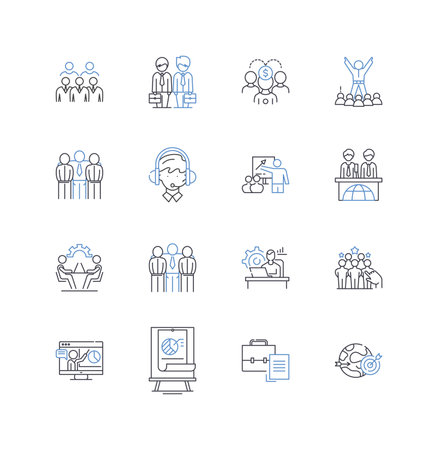 Project team line icons collection. Collaboration, Synergy, Cohesion, Coordination, Communication, Trust, Innovation vector and linear illustration. Creativity,Diversity,Engagement outline signs setのイラスト素材