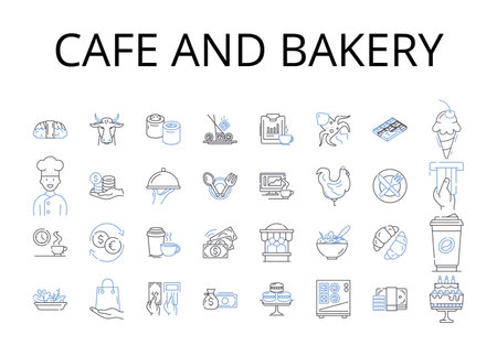 Cafe and bakery line icons collection. Sweet Shop, Diner Eatery, Juice Bar, Pizza Parlor, Burger Joint, Tasty Treats, Bistro Cafe vector and linear illustration. Sandwich Shop,Pastry Kitchen,Coffeehouse Nosh outline signs setのイラスト素材