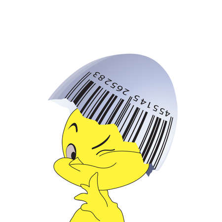 Bar code on an egg-shell and a chicken on a white background. の写真素材