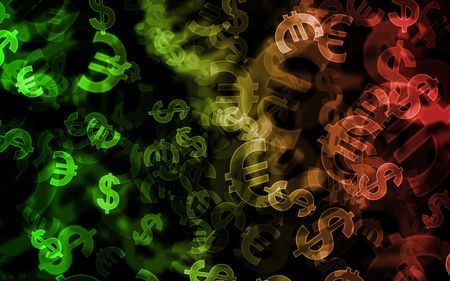 Multiicolor vibrant dollar and euro bokehs on beautiful background. Good for design and financial use.の写真素材