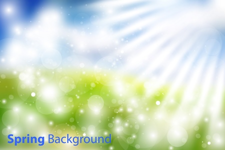 Gorgeous vector spring background with sky, grass, sun rays and multiple bokehs. Fully editable eps10のイラスト素材