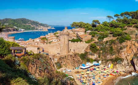 Panoramic view of the medieval castle in Tossa de Mar, Costa Brava, Spainの写真素材