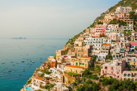 View of the Positano city at sunrise on Amalfi Coast, Italyの写真素材