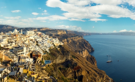 Panoramic view of the Fira town during sunset, Santorini, Greeceのeditorial素材