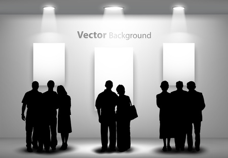 People silhouettes looking on the empty gallery wall with lights for images and advertisement. Ideal concept for promoting product or service.  Fully editable eps10のイラスト素材