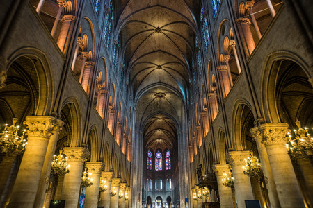 Wide shot of Notre Dame cathedral interior, Paris, Franceのeditorial素材