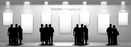 People silhouettes looking on the empty gallery wall with lights for images and advertisement. Ideal concept for promoting product or service.  Fully editable eps10のイラスト素材