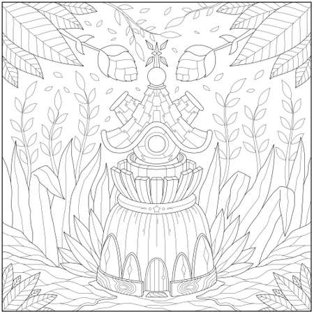 Fantasy tiny house, adult and kid coloring page in stylish vector illustration for education and learningのイラスト素材