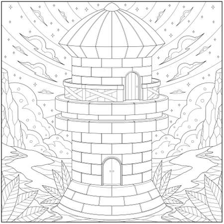 Fantasy watch tower, Adult and kid coloring page in stylish vector illustration for education and learningのイラスト素材