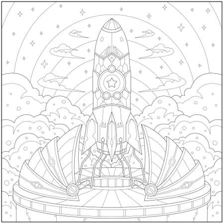 Fantasy Sky Rocket, Adult and kid coloring page in stylish vector illustration for education and learningのイラスト素材