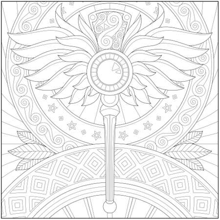 Fantasy wings staff, Adult and kid coloring page in stylish vector illustration for education and learningのイラスト素材