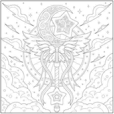 Fantasy star and moon key with ribbon, Adult and kid coloring page in stylish vector illustration for education and learningのイラスト素材